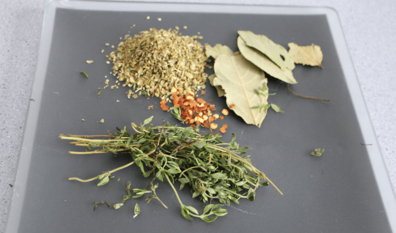 bayleaf chillie thyme and mixed herbs